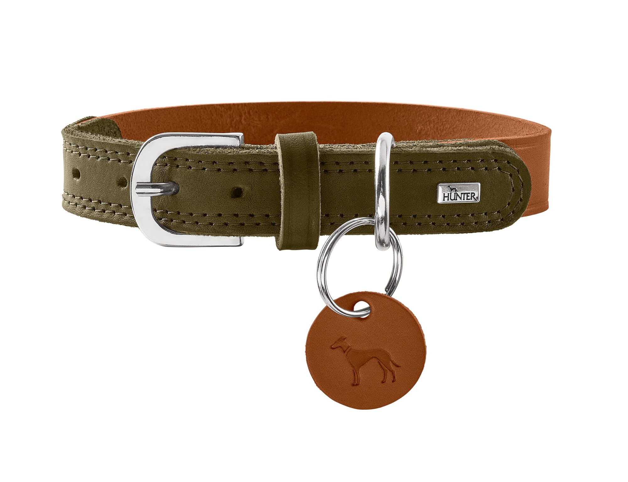 Hunter Hundehalsband LEMVIG, Farbe: Cognac/Oliv, Leder, belastbar & strapazierfähig, angenehm weich, komfortabel, elegant & trendig, Made in Germany, Größe: 40