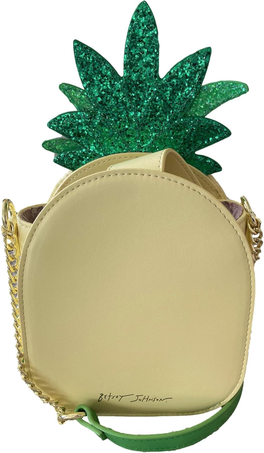 Betsey Johnson Kitsch XO PRICKL Tropical Pineapple Quilted Studded 3D Embroidered Flower Glitter Detailed Yellow Faux Leather Small Crossbody Handbag