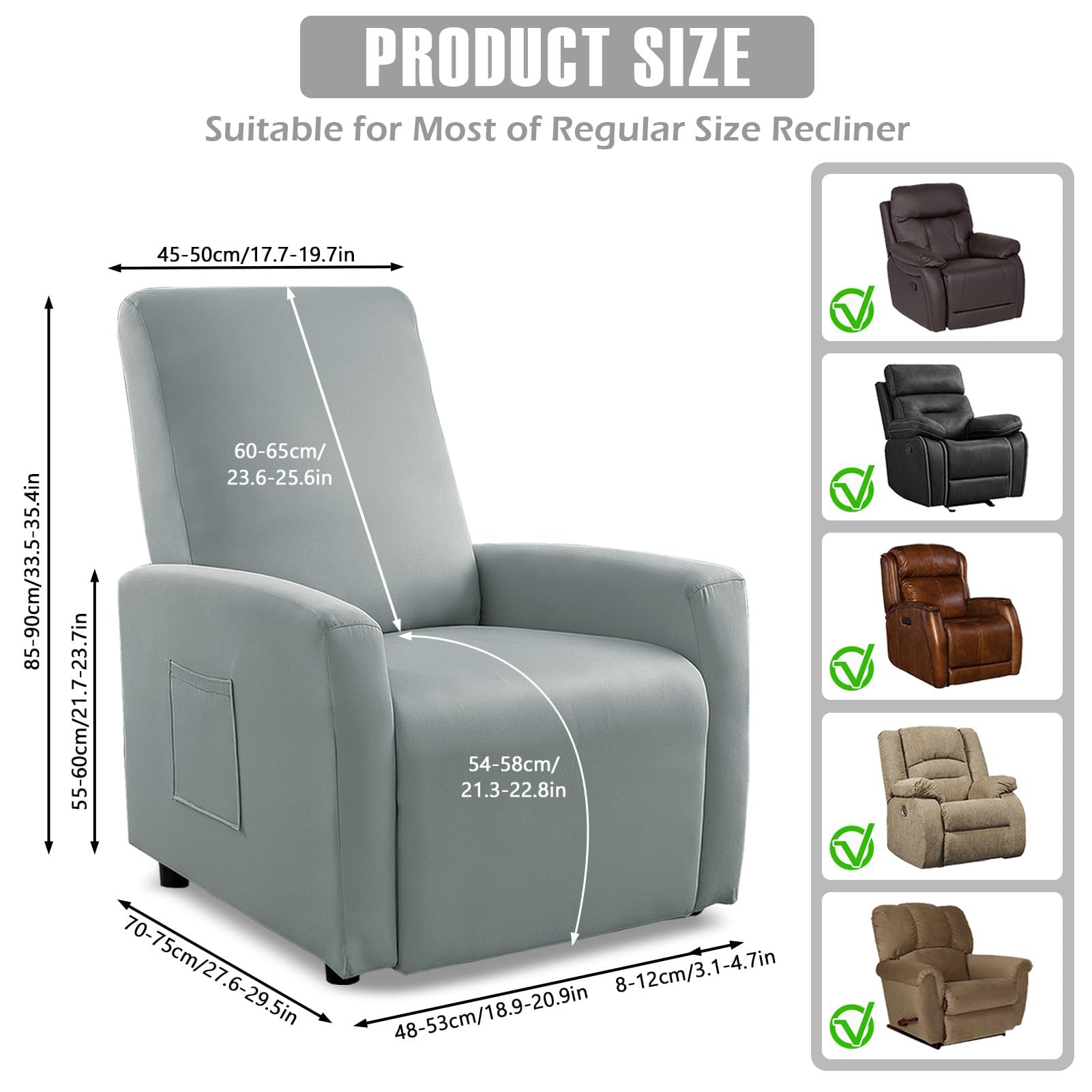 Bocguy Copripoltrona Relax Reclinabile, Copripoltrona 1 Post Poltrone Relax Elettriche, Copridivano Impermeabile. Rivestimento Elasticizzato con Tasche, Rivestimento per Poltrona (Light Gray)