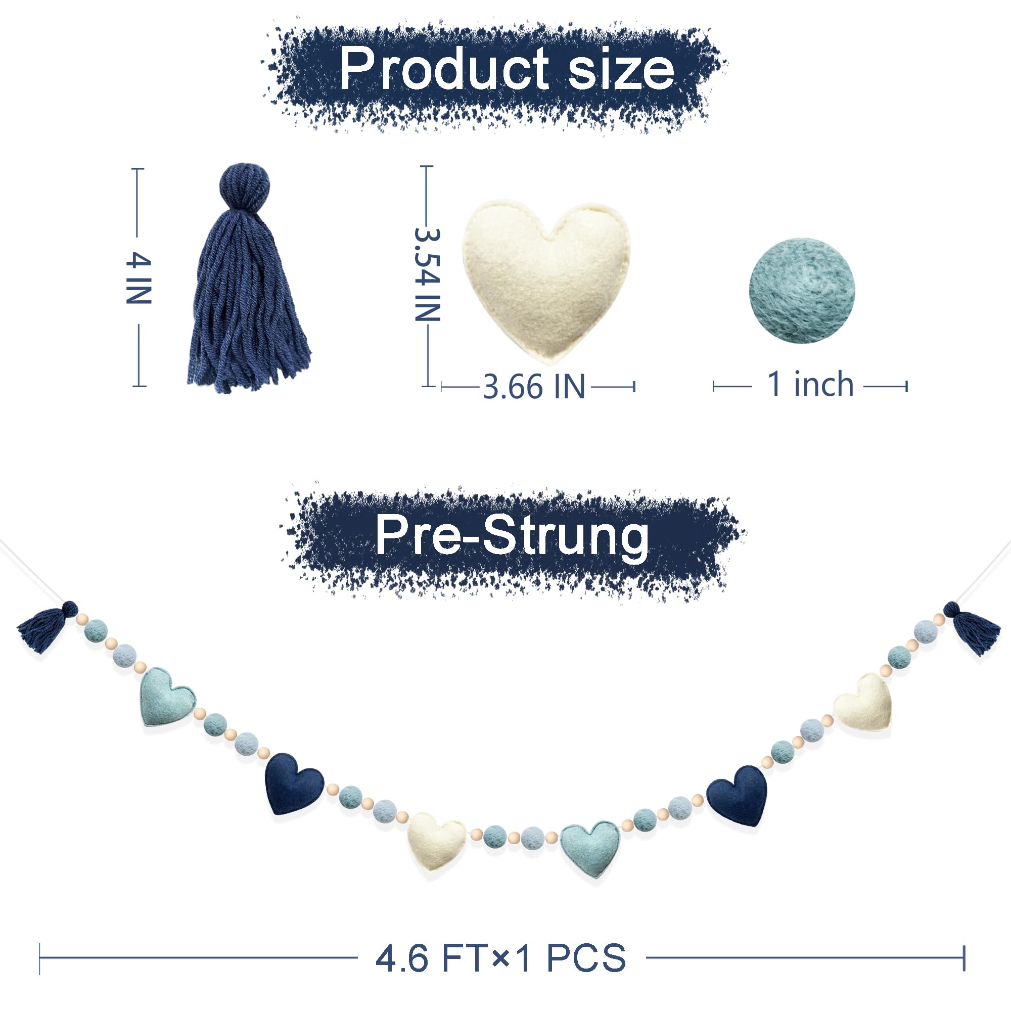 Staubiges blaues Herz-Dekoration, handgefertigt, vorbespannt, Filz-Herz-Banner, Wollfilzkugel, Holzperlengirlande, Luftschlangen für Geburtstag, Babyparty, Jahrestag, Valentinstag, Kinderzimmer