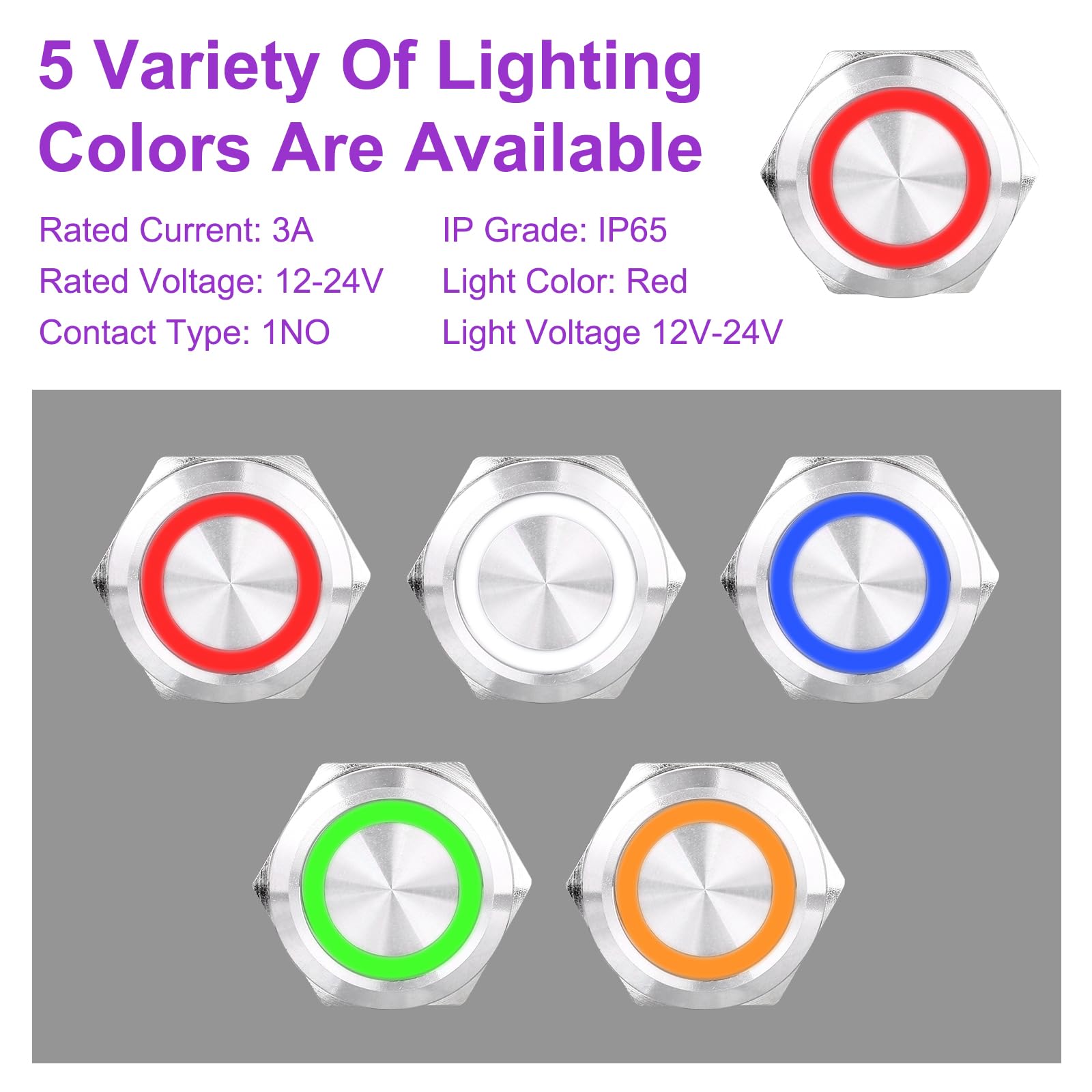 DMiotech 19mm / 3/4" Stainless Steel Momentary Push Button Switch Flat Head 3A 12-24V Silver Shell with Pre-soldered Red LED Ring Light 1NO - Image 3