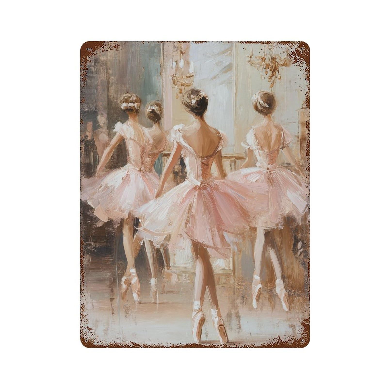 Rusty Metal Tin Sign with Ballet Dancers in Pink Tutus Design 15.7"x11.8", for Farmhouse, Kitchen And Entryway Decor, Classic Wall Plaque
