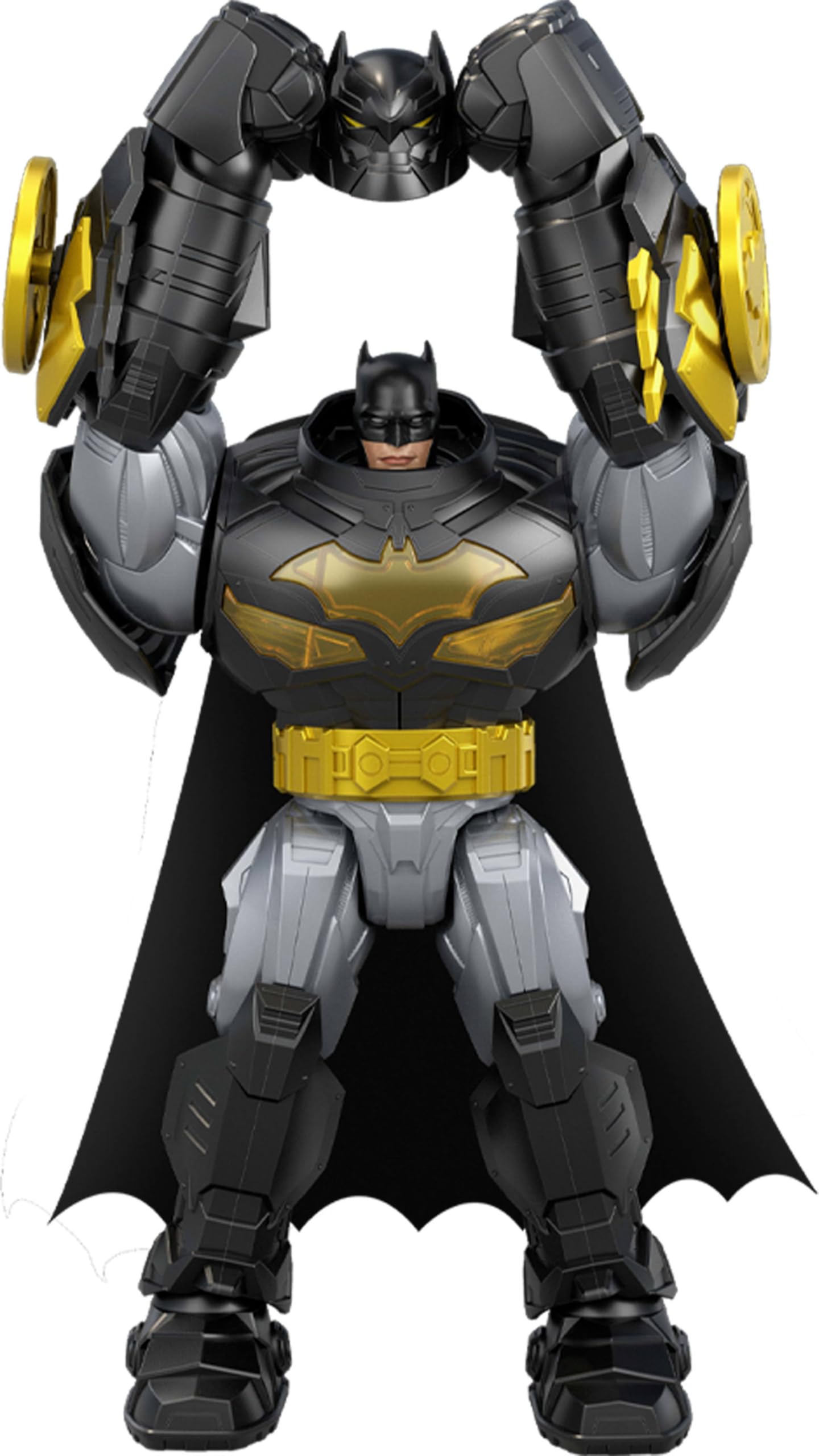 Mattel DC Premier - Batman figurka ze światłami i 8 różnymi dźwiękami, nosi ponadwymiarową zbroję robota z akcesoriami, w tym wyrzutnią pocisków i dyskami bojowymi, JMP84