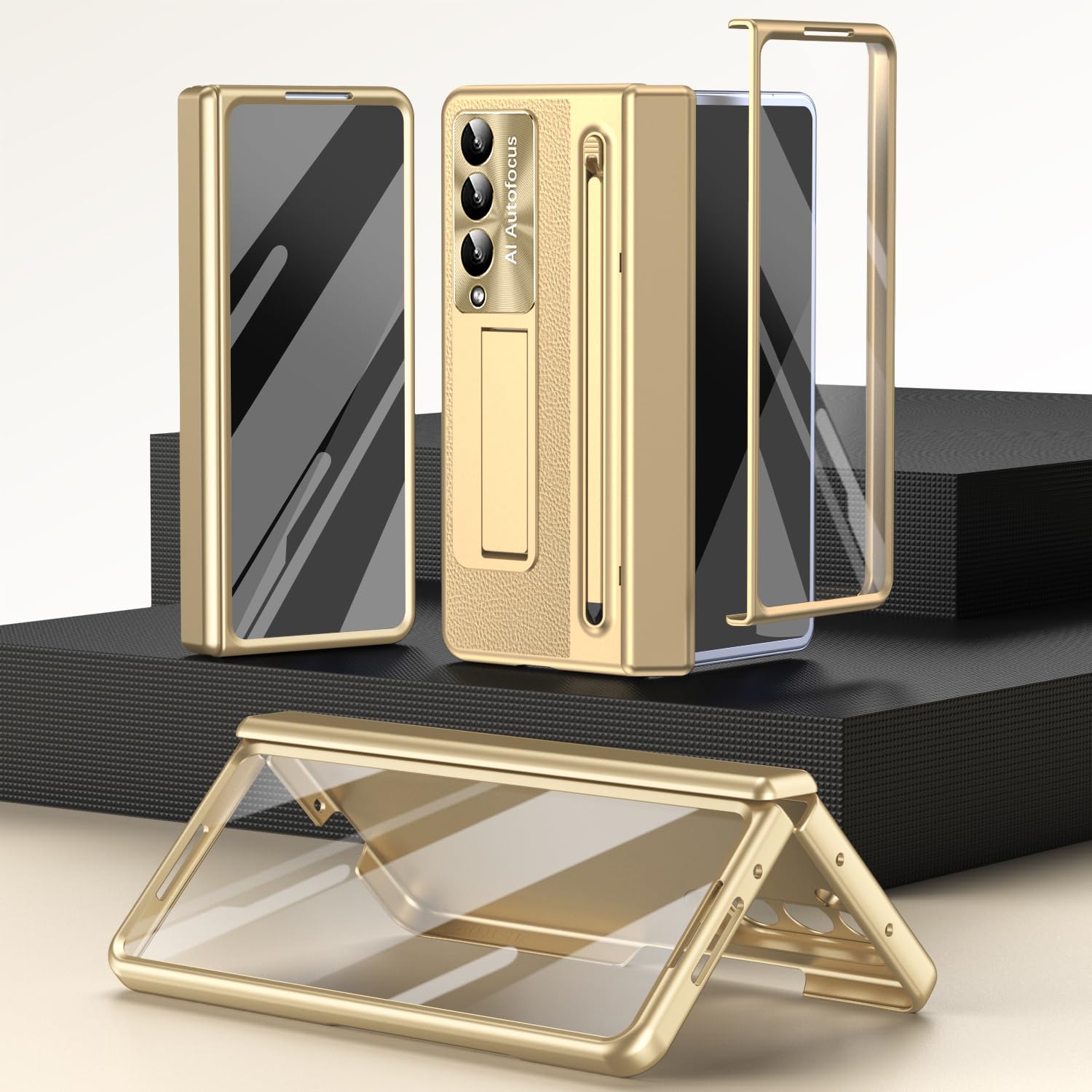 Asuwish Schutzhülle für Samsung Galaxy Z Fold 4 5G 2022, mit S-Stifthalter und integriertem Displayschutz, Ständer, Scharnierschutz, Leder, ZFold4, ZFold4, 4Z, ZFold45G, für Damen und Herren, Gold
