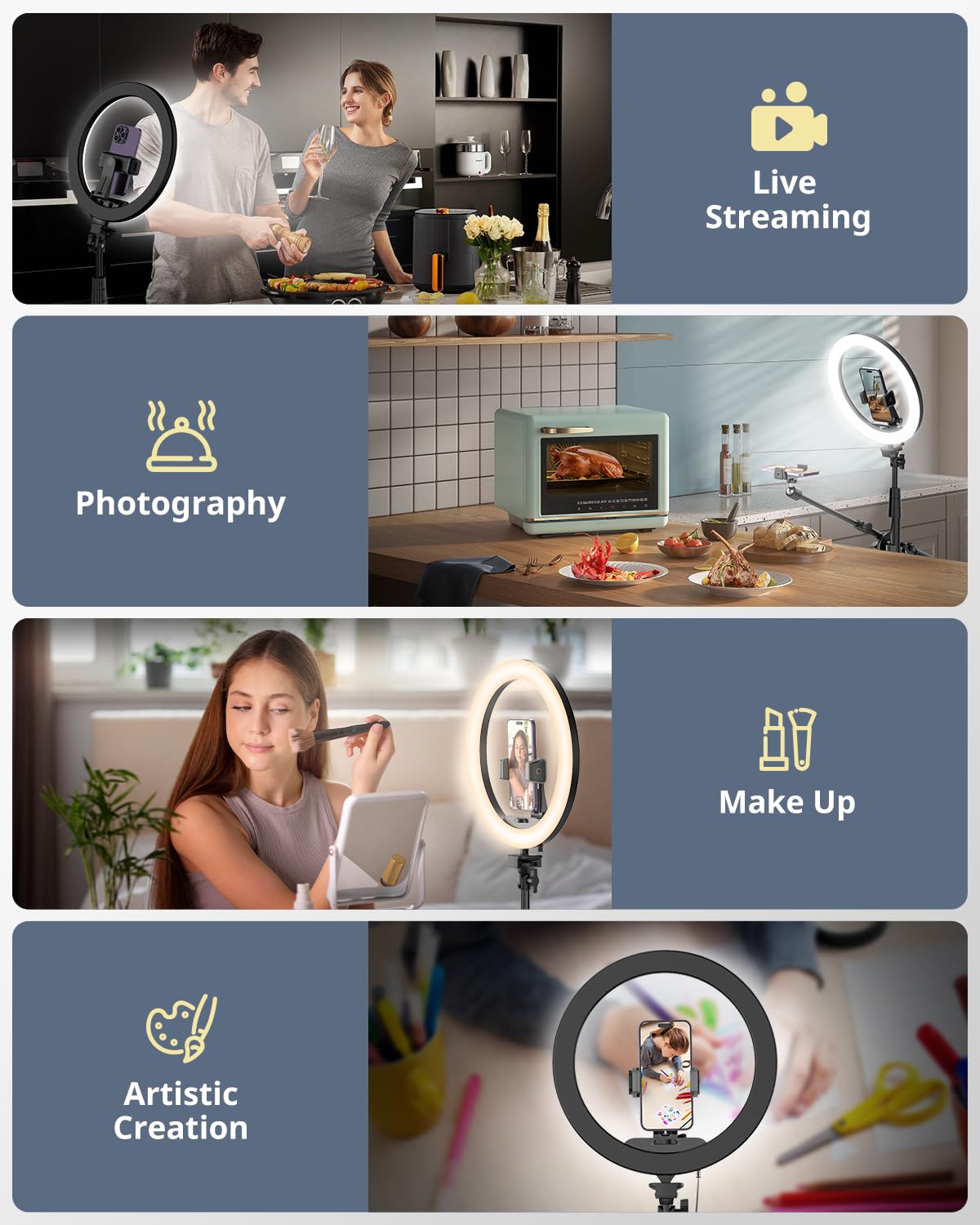 UBeesize Luce ad anello per selfie da 30,5 cm, con supporto e supporto per telefono, treppiede pieghevole da 62 pollici per iPhone con luce ad anello, luce per registrazione video, cucina, fotografia,