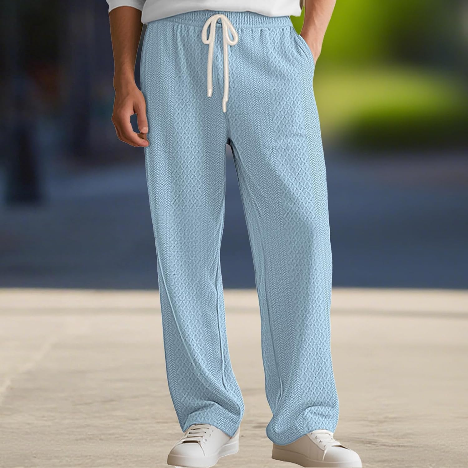 Mens Solid Textured Loose Fit Pants with Pockets Drawstring Elastic Waist Breathable Casual Lounge Trousers - Image 2