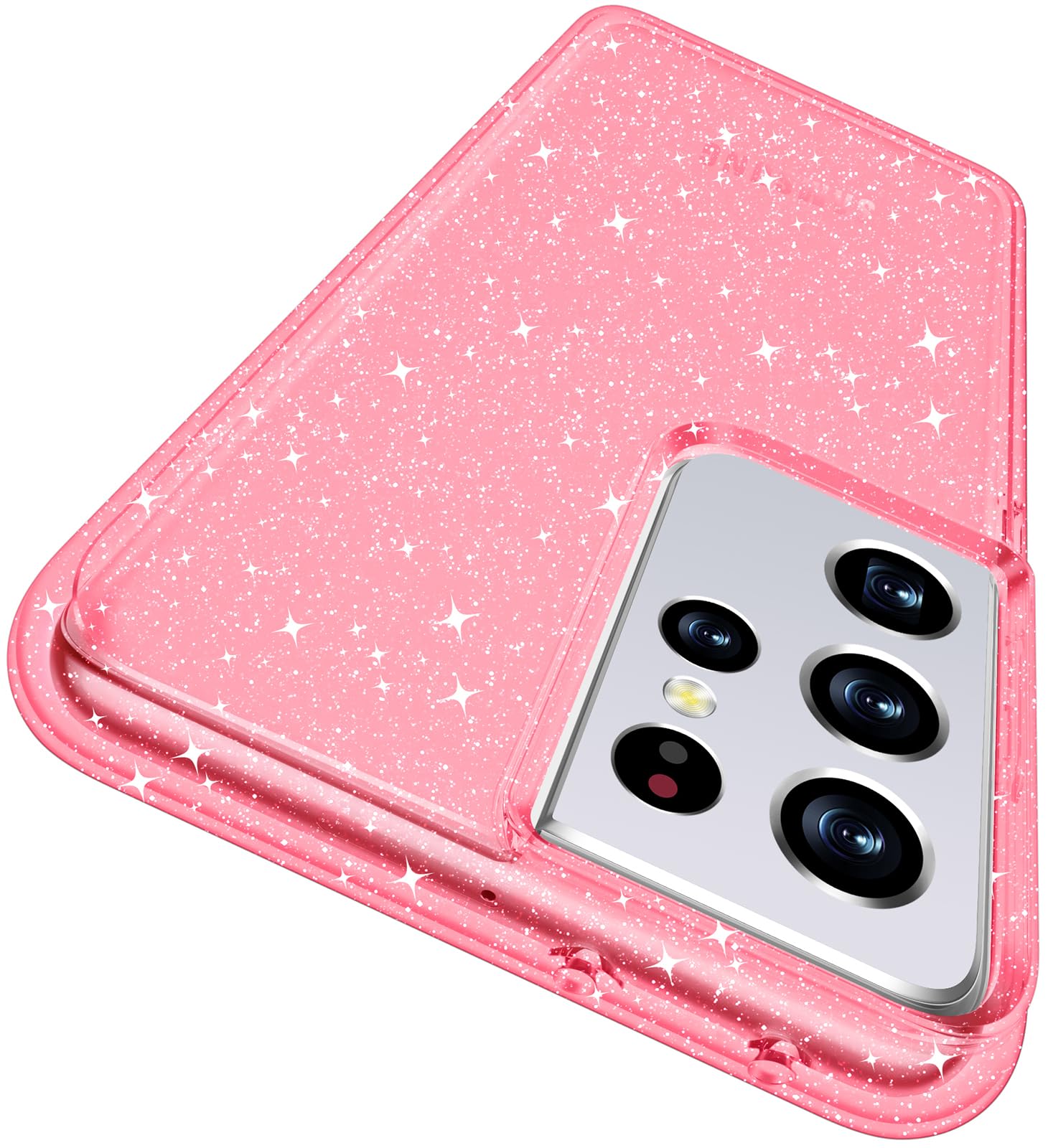 Rayboenfor Samsung Galaxy S21 Ultra 5G Case Glitter, Non-Yellowing Shockproof Phone Bumper Cover, Cute Sparkly Girly Hybrid Case for Galaxy S21 Ultra, Glitter Pink