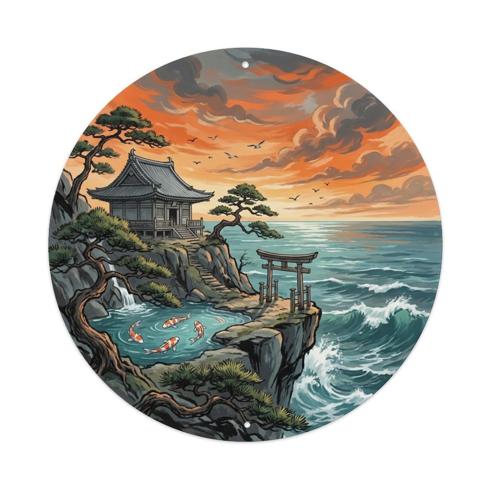 Tgrcjimh Style Metal Tin Sign Japanese Koi Fish Cliff Ocean Temple View