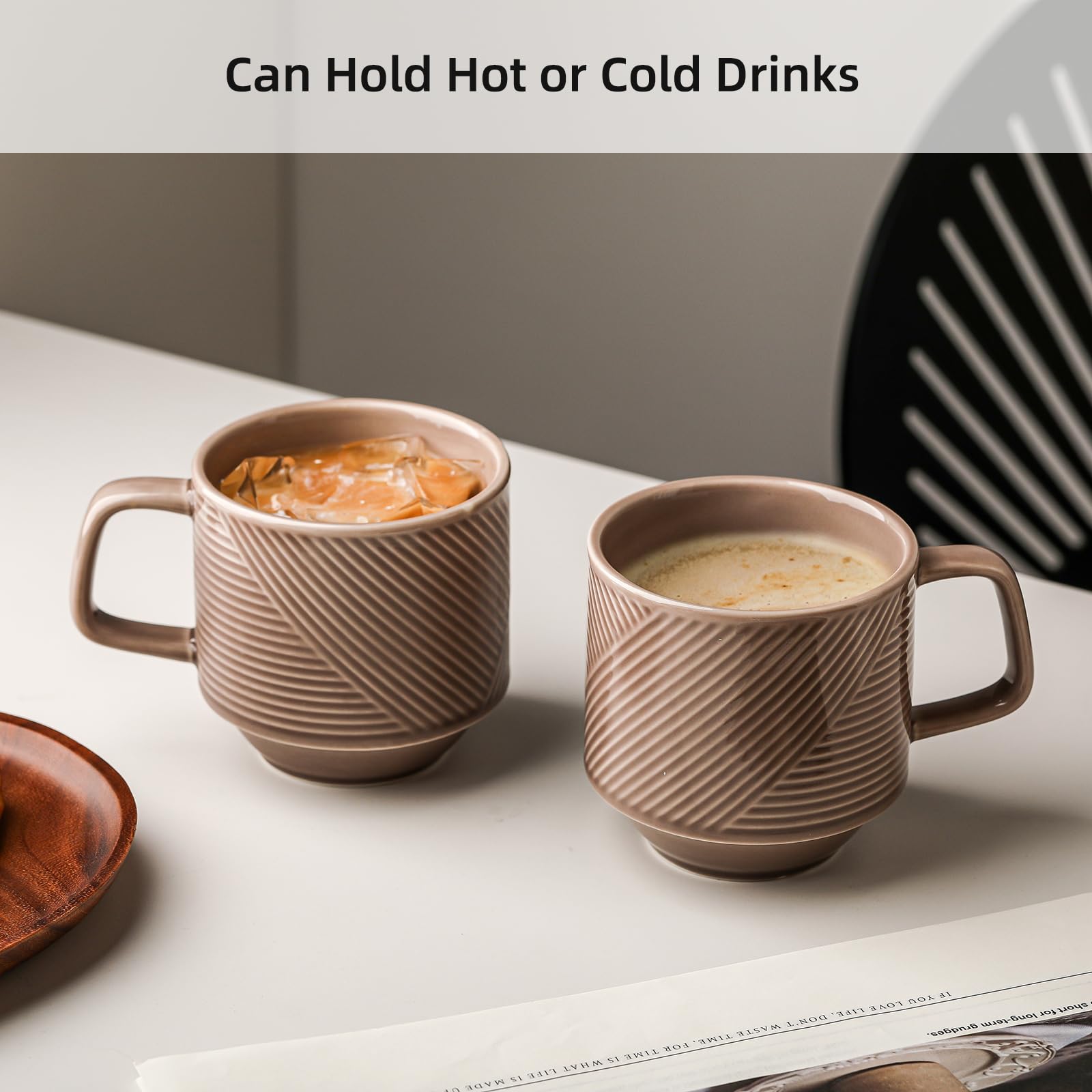 Juego de tazas de café apilables: tazas apilables de cerámica de 13 onzas para té capuchino con leche, taza apta para microondas para el hogar y la oficina, 4 unidades, color gris