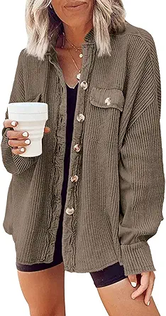 Yanekop Womens Waffle Knit Shacket Boyfriend Shirt Jacket Button Down Blouse Loose Fit Long Sleeve Tops