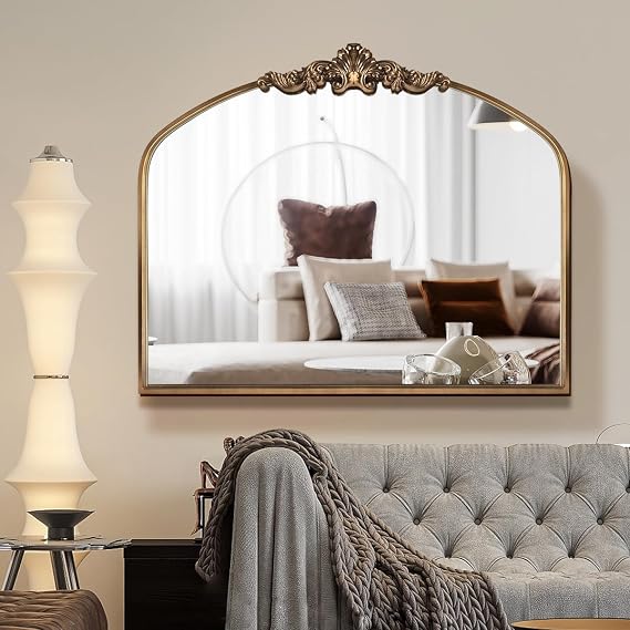 OUSHUAI Gold Antique Arched Mirror, Victorian Bronze with Full Matel Frame, Wall Arch Mirror for Entryway/Bathroom/Fireplace 36X30