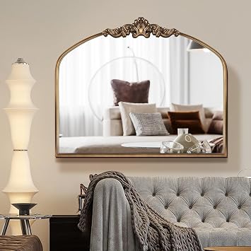 OUSHUAI Gold Antique Arched Mirror, Victorian Bronze with Full Matel Frame, Wall Arch Mirror for Entryway/Bathroom/Fireplace 36X30