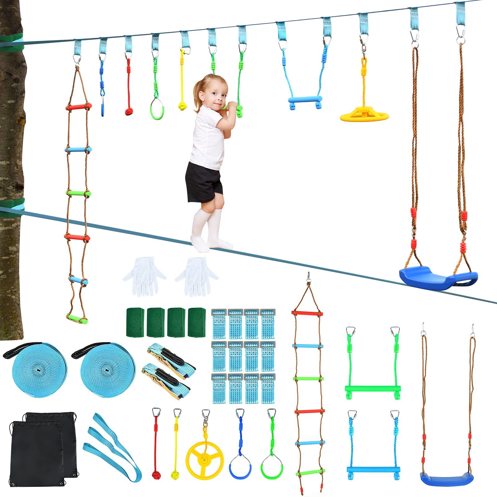 COSTWAY Ninja Slackline Set for Kids, 15m Warrior Obstacle Course Slackline Kit with Swing, Ladder, Monkey Bars, Gym Rings and Arm Trainer, 300kg Capacity