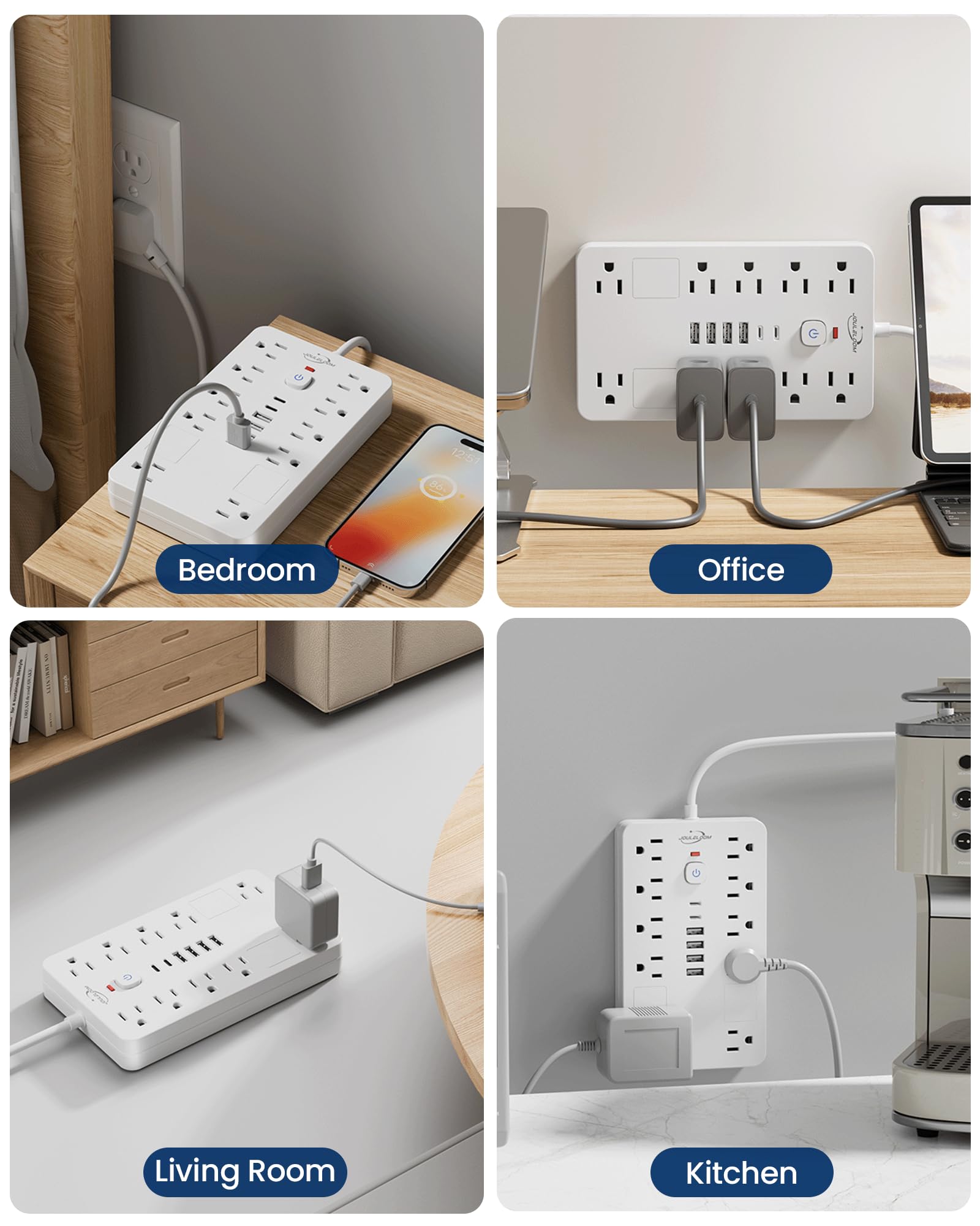 JouleLoom - Regleta de protección contra sobretensiones, 10 Salidas (1850 W/15 A) con 6 Puertos USB (2 USB C), Cable de extensión de 6 pies para Montaje en Pared, listado ETL para el hogar