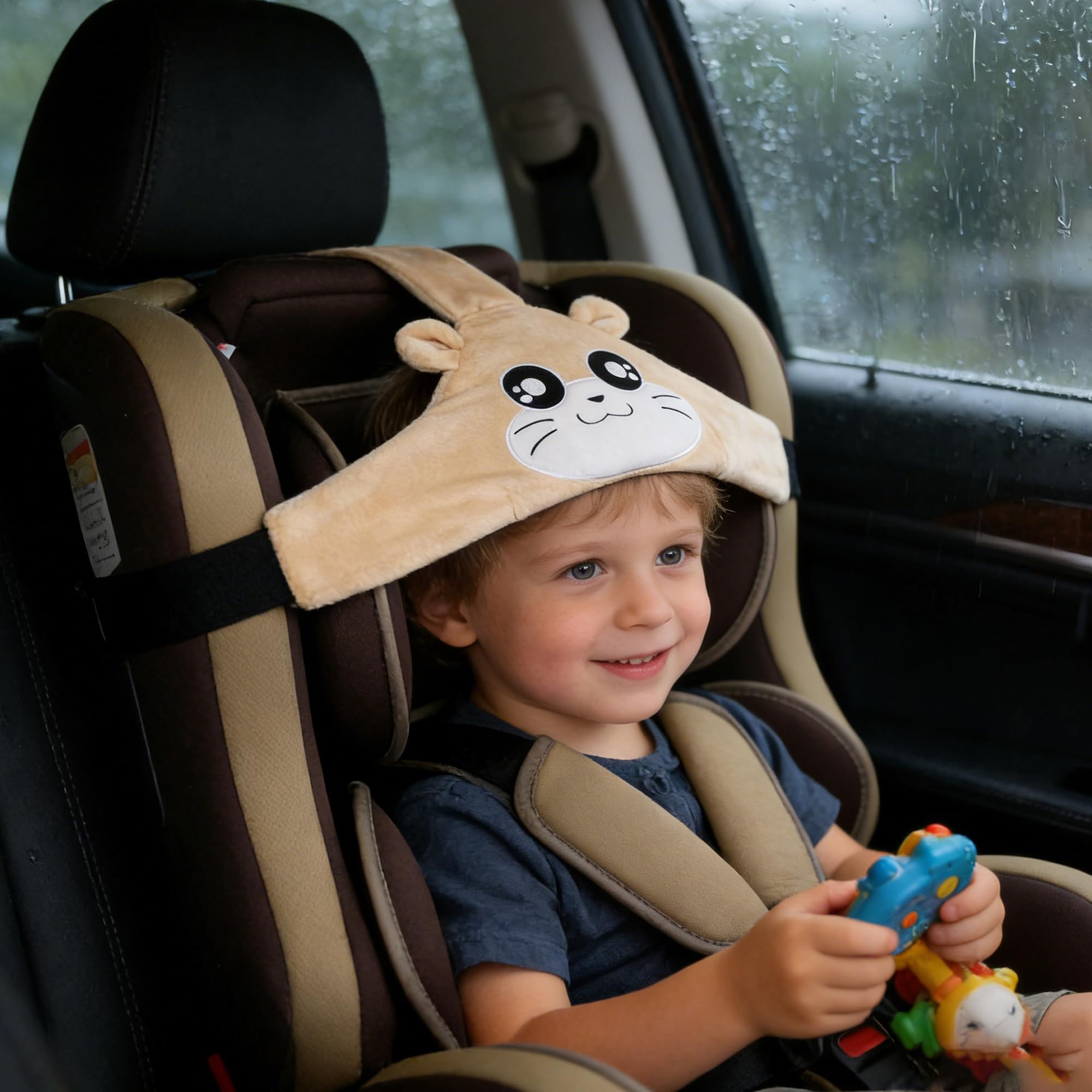 Soporte de cabeza de asiento de coche de bebé niño, posicionador de sueño seguro y acogedor de coche, cinturón de sujeción de asiento de seguridad ajustable, cinturón de seguridad (Marrón)