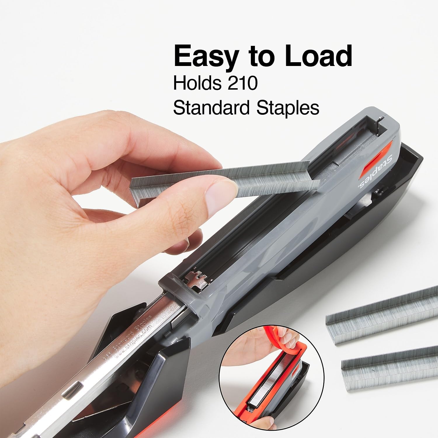 Staples One‑Touch Desktop Stapler, Full‑Strip Capacity, Gray/Black/Red – Smooth‑Press Stapler