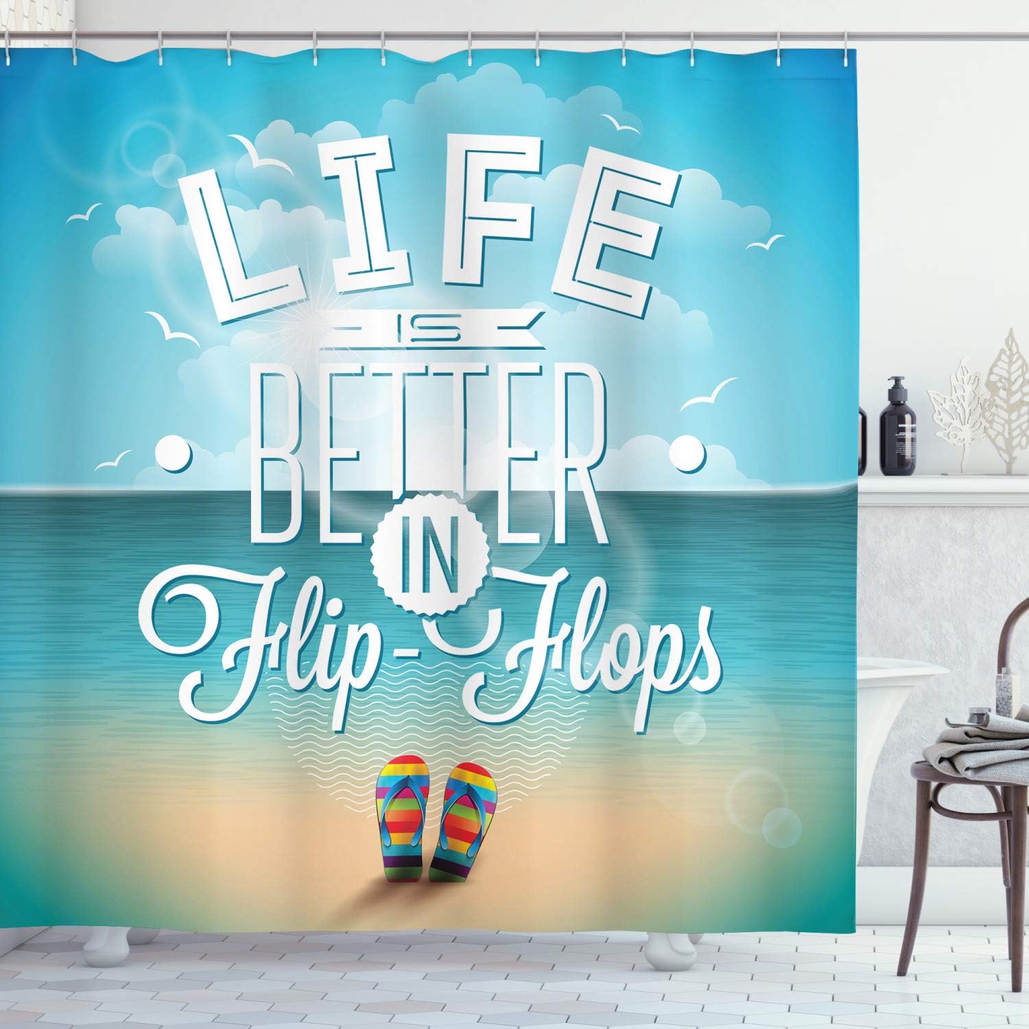 Ambesonne Saying Shower Curtain, Life is Better in Flip-Flops Inspirational Phrase on a Seascape Hot Summer Print, Cloth Fabric Bathroom Decor Set with Hooks, 69" W x 84" L, White Blue