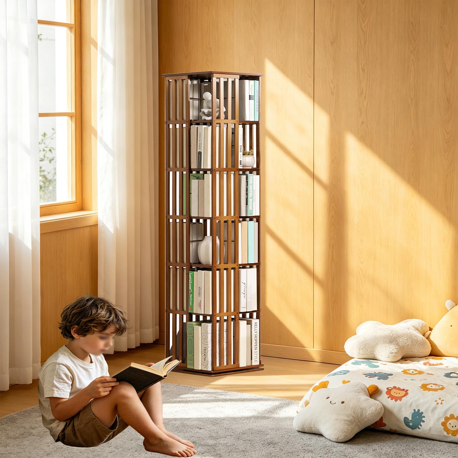 Estantería Giratoria de Bambú 360° Librería Giratoria (6to Piso) | Estantería Librería Alta de Pie Libreria Madera de Estudio y Biblioteca pie para niños y Adultos Mueble Almacenaje Multiusos
