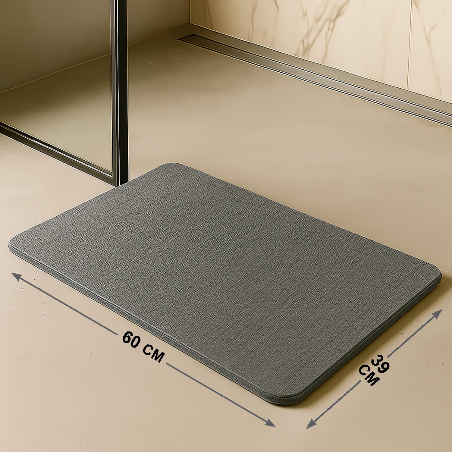 TIENDA EURASIA – Alfombra Baño | Material 100% Diatomita | Superficie Súper Absorbente | Secado Rápido | Antideslizante | Medidas 60x39 cm | Rectangular (Gris)