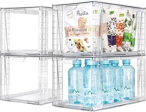 Zero Zoo Paquete de 4 cajones grandes apilables de almacenamiento de cocina, contenedores organizadores de alimentos transparentes con asas, fácil disponible en Yaxa Venezuela