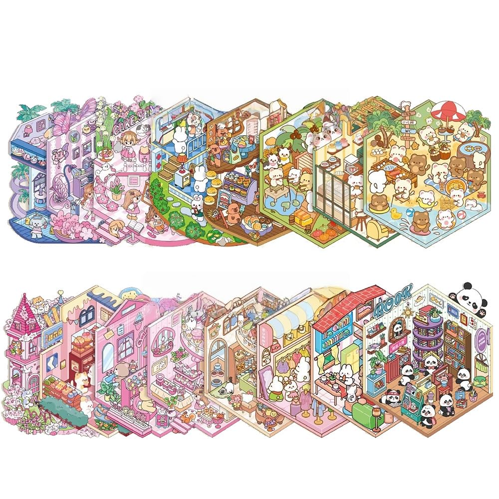 Tuyatezhi 16 Sets 3D DIY Stickers Scene,3D Mini House Stickers Set for Adults with Tweezers Make Your Own Room Kawaii Large Size Sticker Scene Therapy for Adults Relief Stress Pass The Time Gift - Image 2