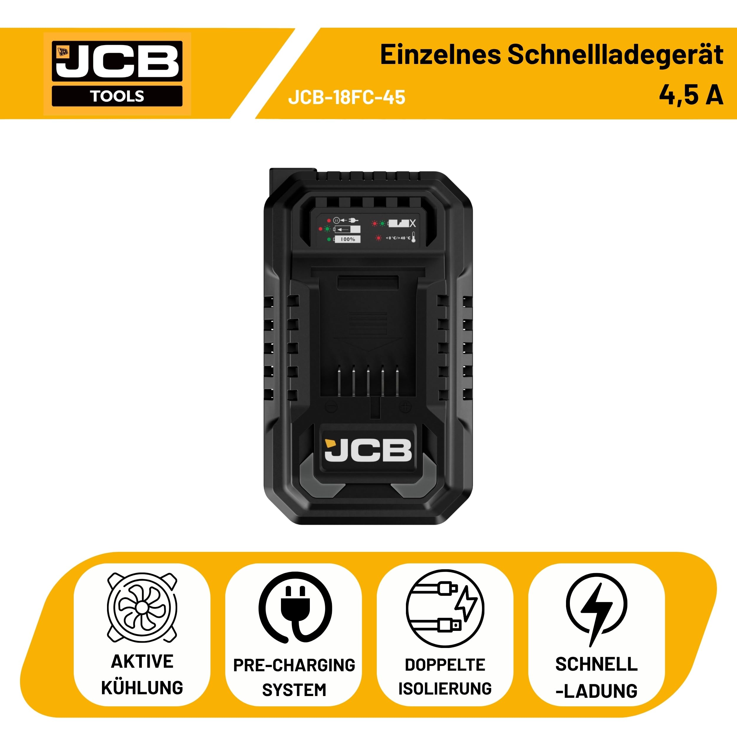 JCB Professional Schnellladegerät 18V 4,5A für Li-Ion Akkus | Ladegerät JCB-18FC-45 | Intelligente Ladesteuerung | Doppelte Isolierung | Vorladefunktion | Überladeschutz