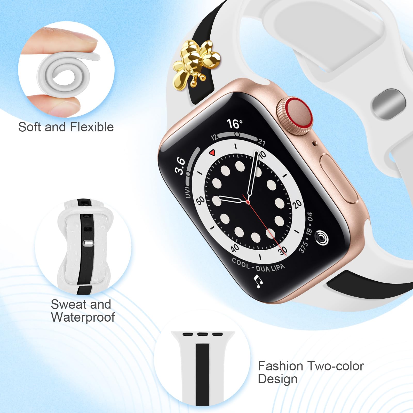 3 Pack Designer Sport Band Compatible with Apple Watch Band 38mm 40mm 41mm Women Girl, Soft Silicone Sport Strap with Bee Decoration Compatible with iWatch Series 9 8 7 6 5 4 3 2 1 SE, WBG 38mm