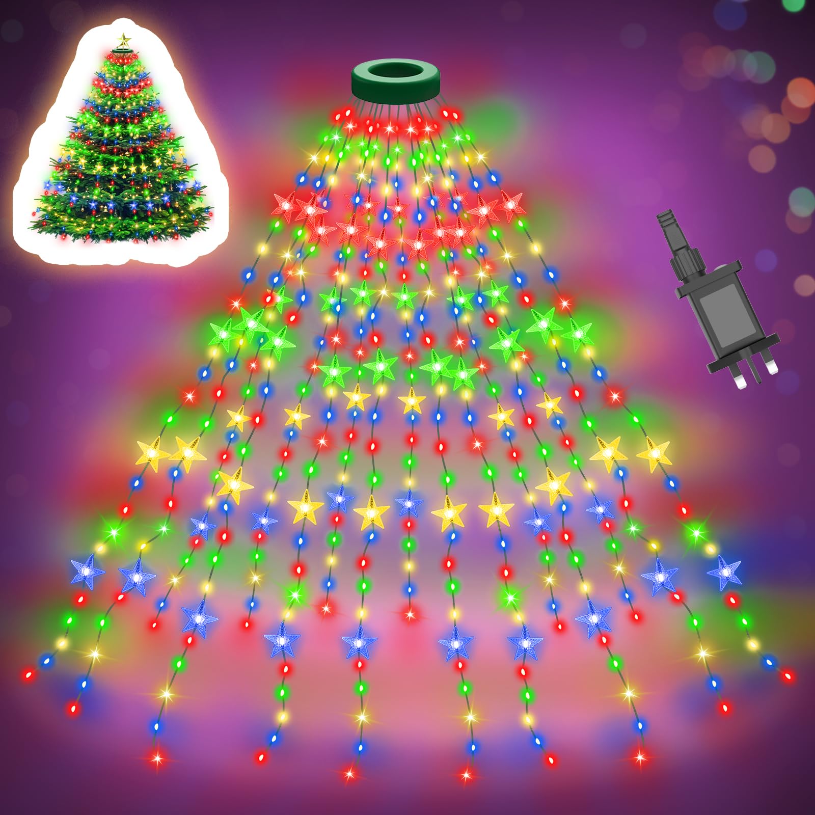 Etopgo Christmas Tree Lights with Star,2M 16 Lines 400LED Christmas Tree Fairy Lights with Timer,Xmas String Light Memory Function & 8 Modes for Xmas Tree Decorations
