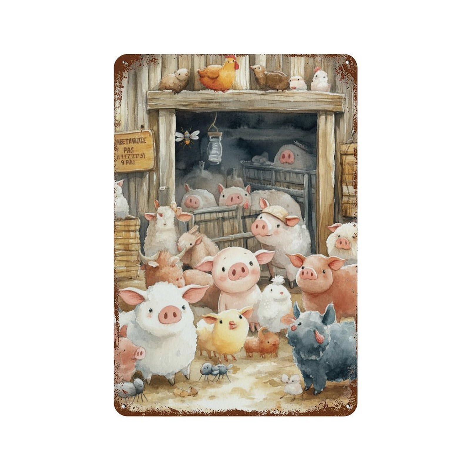 Farm Animals Barn Scene Vintage Wall Sign 11.8"x7.9", Rust Effect Metal Decor for Garage, Bar And Workshop Decor