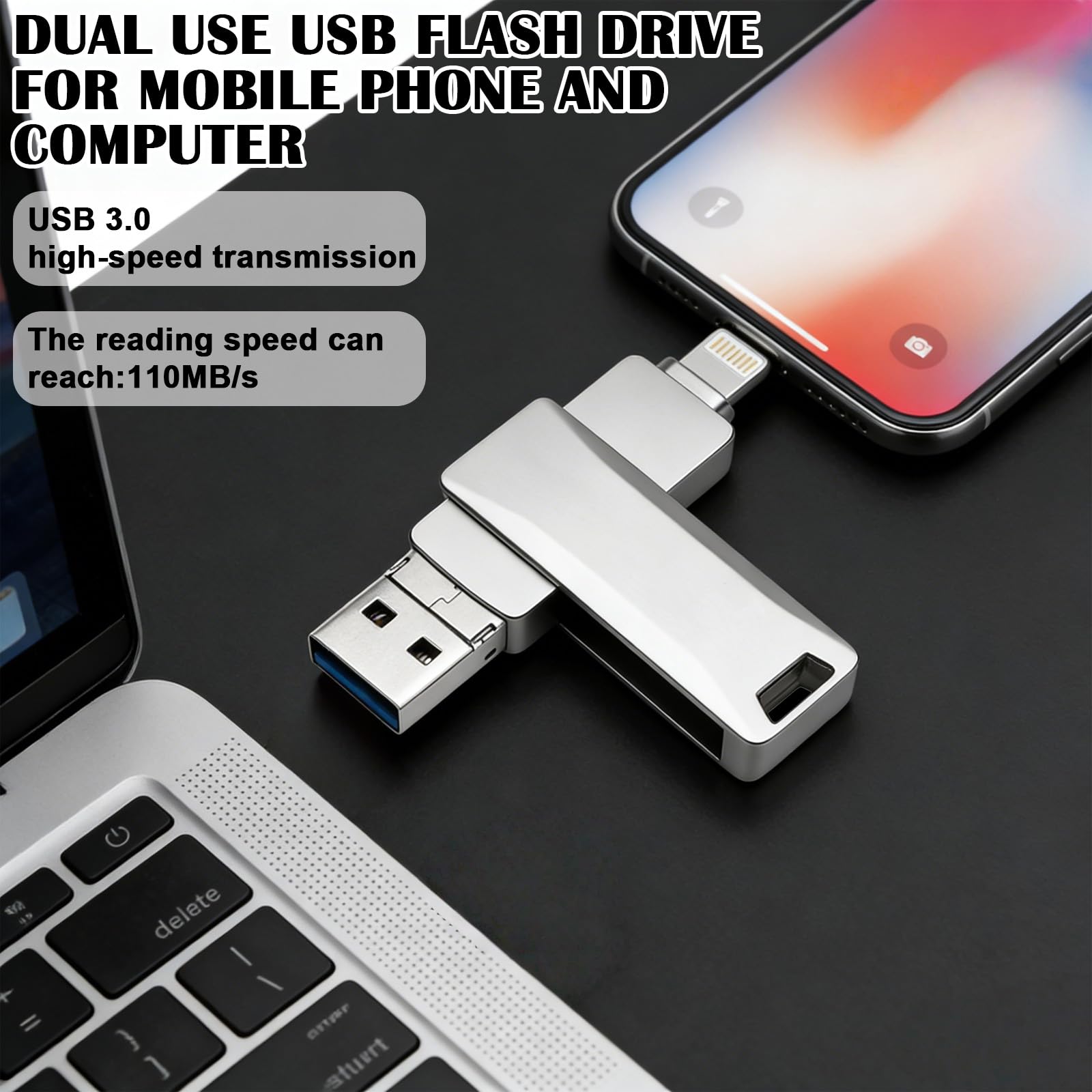 USB-stick 256 GB, pamięć USB-C do iPhone i Android, 3-w-1 dwukierunkowy USB-stick do telefonu komórkowego z portem USB-C i USB-A, kompatybilny z iPhone, iPad, MacBook, PC