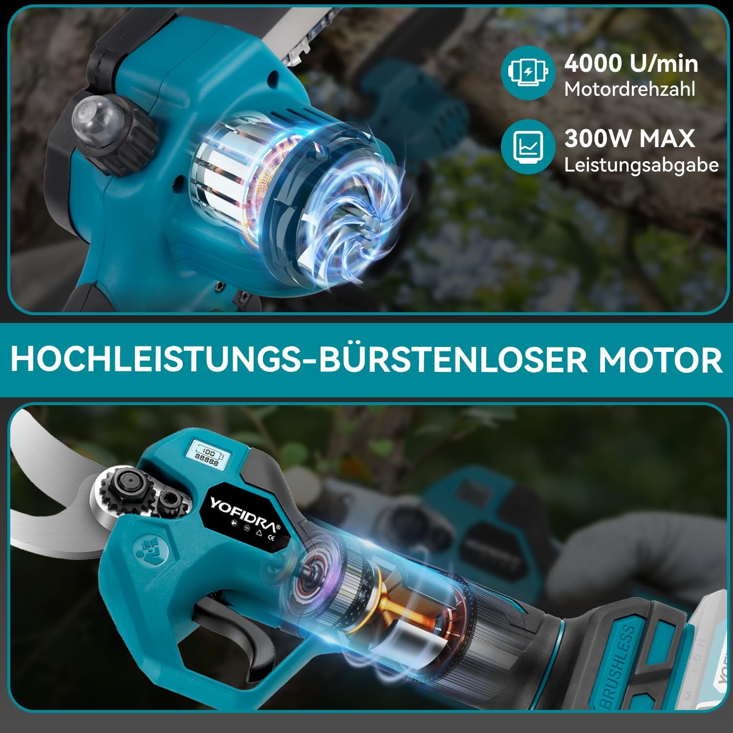 Yofidra 4-IN-1 Akku Hochentaster Kettensäge & Astschere mit Teleskop - Bürstenlos 25mm Baumschere, 6 Zoll Mini Kettensäge, mit 200cm Teleskopstange, 180° Einstellbarer Winkel, 2 x 3.0Ah Akkus, blau