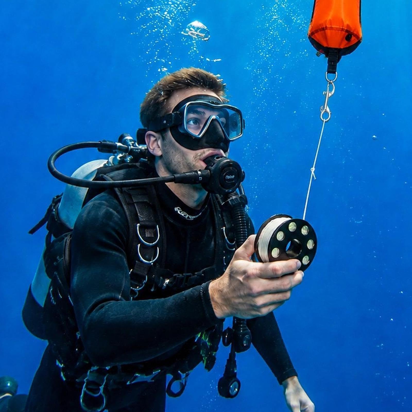 Mulinello da Immersione, Mulinello da Sub, Mulinello a Dito, Mulinello a Mano con Filo di Nylon Intrecciato, Doppio Moschettone, Antiscivolo, per Imme, Nero