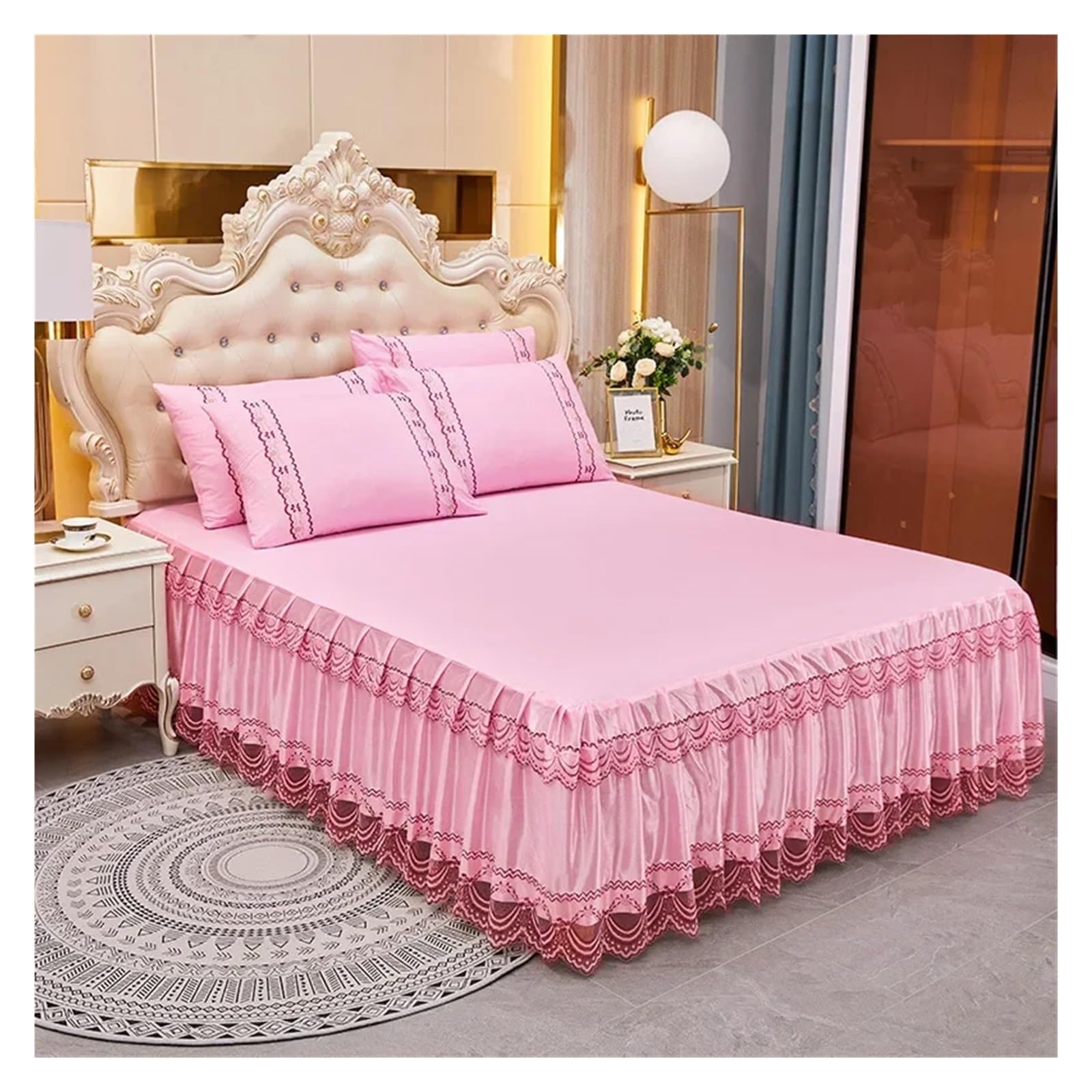 Lace Ruffled Bedroom Bed Skirt Non-slip Mattress Cover Bedspread King Size(Color 7,1PC 150x200cm)