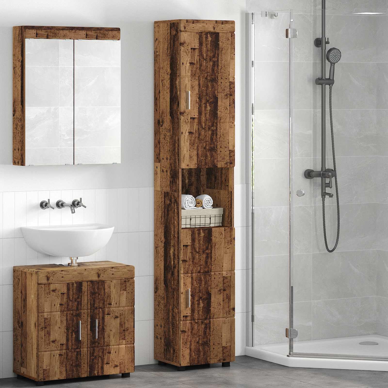 Armario de baño Tulum con aspecto de madera vieja, armario de baño estrecho de madera con acabado mate, estantería moderna con mucho espacio de almacenamiento, 37 x 31,5 x 203 cm