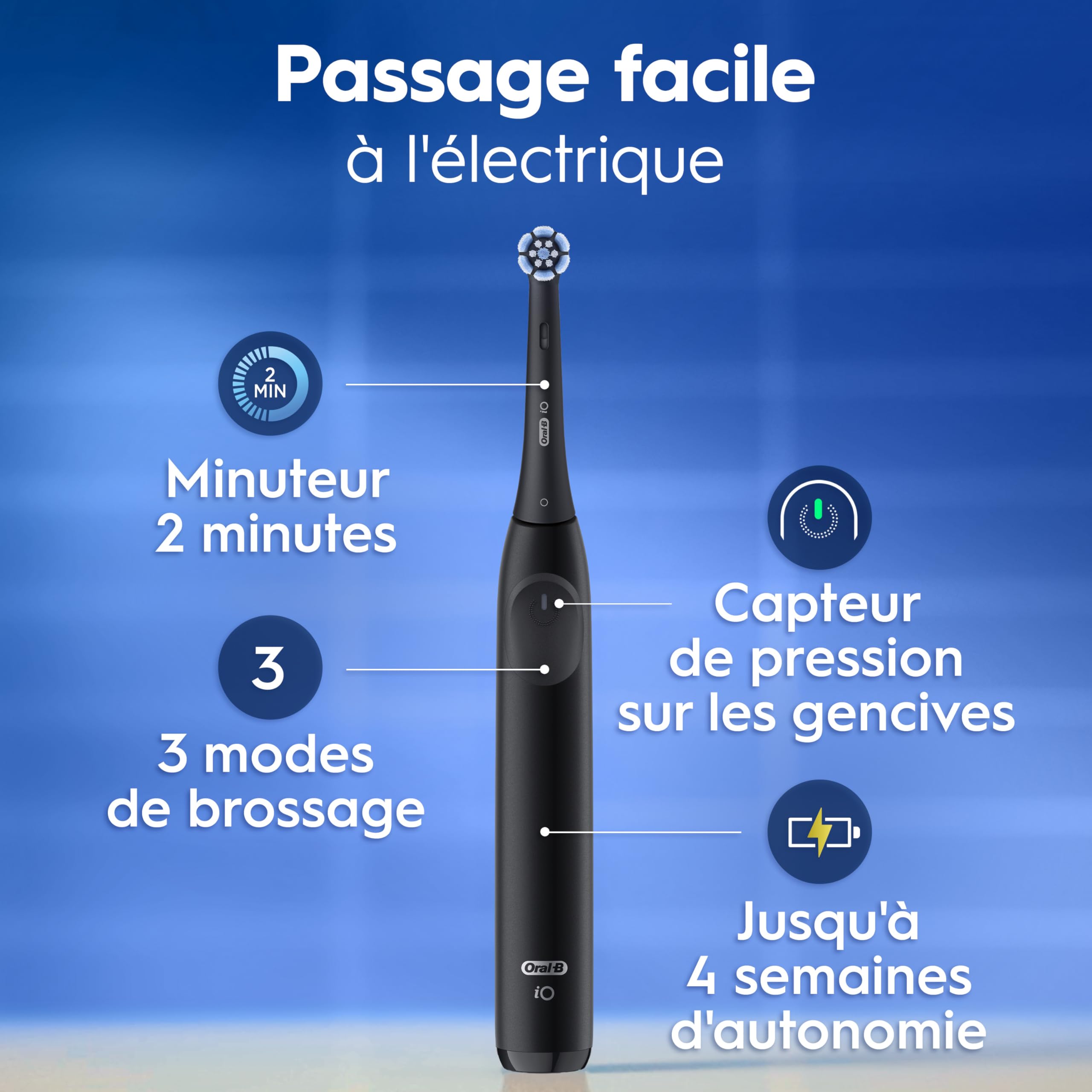 Oral-B iO 2 Black Electric Toothbrush, 3 Cleaning Modes, Soft & Silent Brushing, Pressure Sensor, Replacement Oral B Brush Replacement, Charger, Travel Case, Carton Packaging - 3