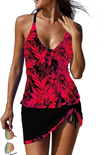REKITA Traje de baño sexy tankini con falda traje de baño de 2 piezas con bloques de color para mujer