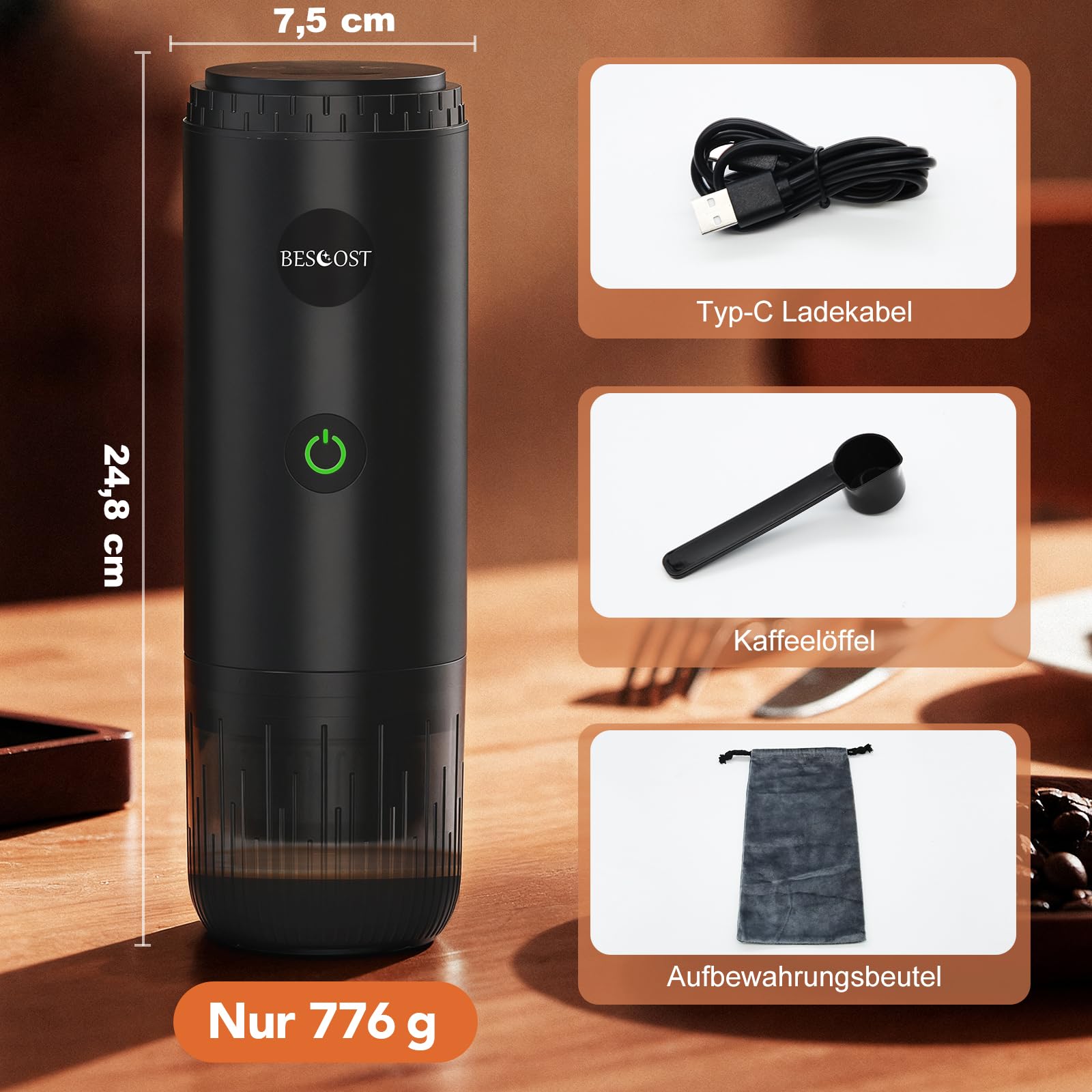 Tragbare Espressomaschine, 3 in 1 für NS & DG Kapseln & Kaffeepulver, Kaffeemaschine mit Heizfunktion – 20 Bar Druck, USB-C Akku, ideal für Reise & Camping