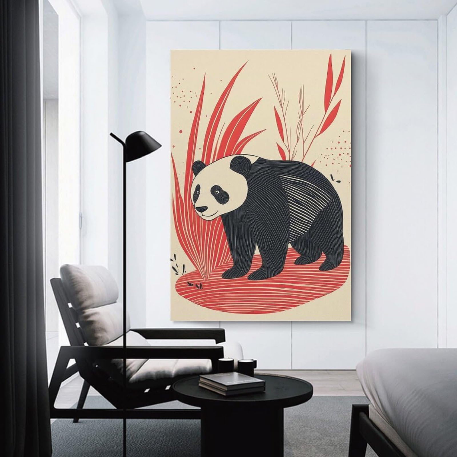 Junmoney Panda in Red Grass Room Decor Wall Art, 24x36inch(60x90cm), for Bedroom Walls, Guest Spaces Or Lounges, Stylish Decor for A Restful Room Update