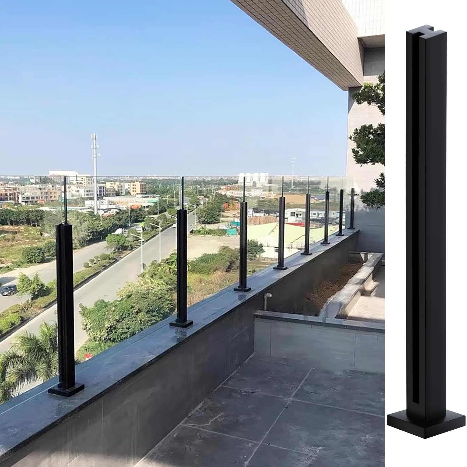 Cvter Poste Para Barandilla de Vidrio Negra: 95cm de Balaustrada de Cubierta de Vidrio Sin tapa con Ranuras para Cubiertas, Escalones, Balcón, Piscina, Jardín, Escaleras. Acero inoxidable — view 30