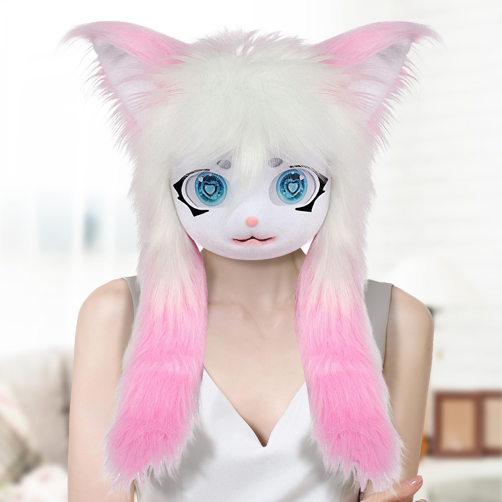 Cabeza de animal peluda, máscara de gato con ojos grandes, pelo largo, accesorios de disfraz de felpa para bailes de máscaras, teatro, actuaciones, fiestas, Halloween, cosplay, convención de anime
