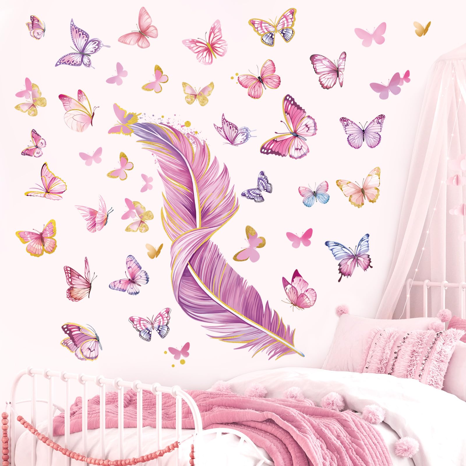 decalmile Colorful Butterflies Wall Decals Pink Feather Wall Stickers Baby Nursery Girls Bedroom Bathroom Wall Decor - Image 2