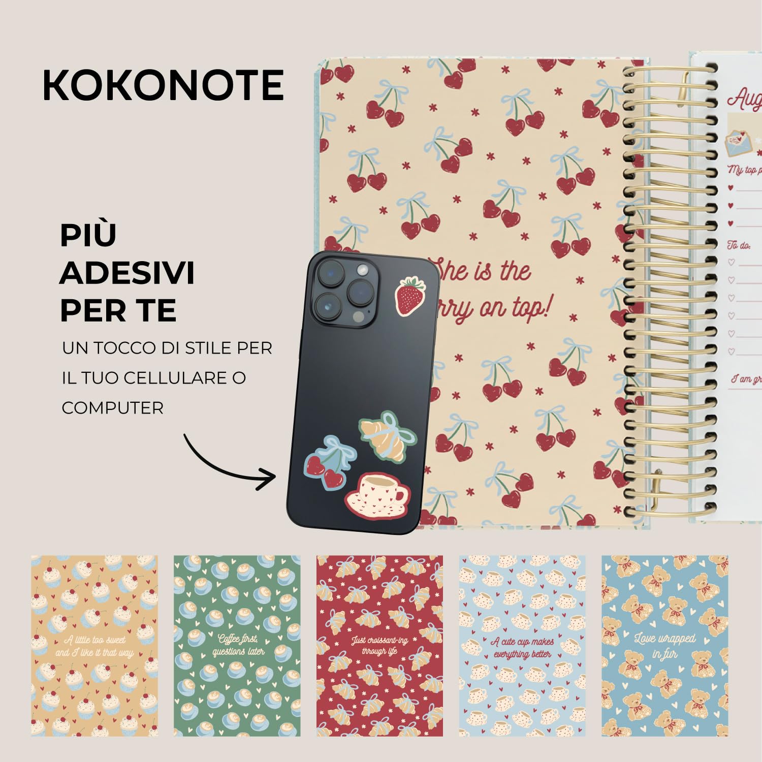 Kokonote Agenda Giornaliera 2026 2027 Cherry - Diario Scuola 2026 2027 per Università e Scuola Superiore | Daily Planner con Copertina Rigida, Segnalibri, Stickers e Anelli Rinforzati (18x21,5cm)