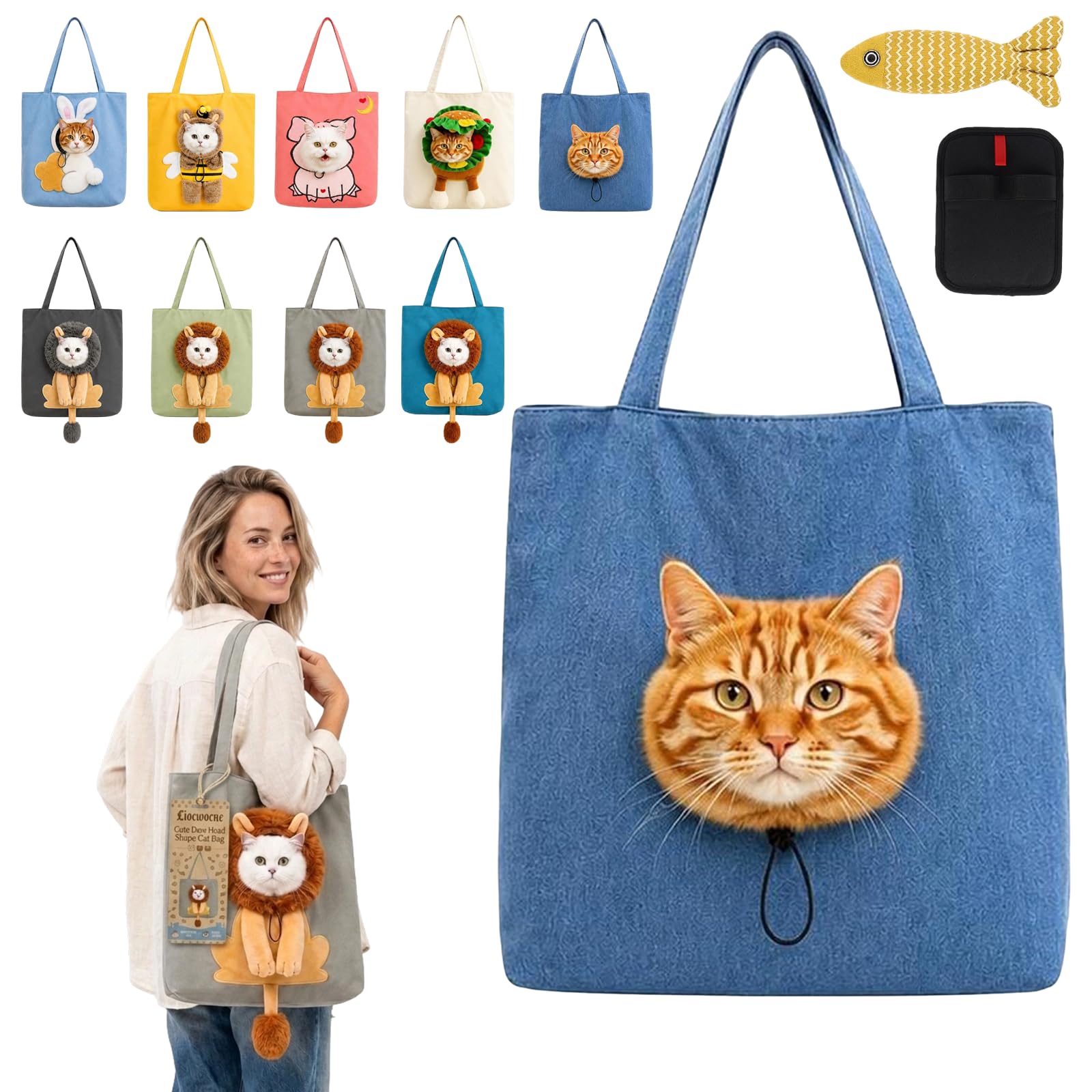 Cute Dew Head Shape Cat Bag, Canvas Pet Carrier for Travel (E,L)