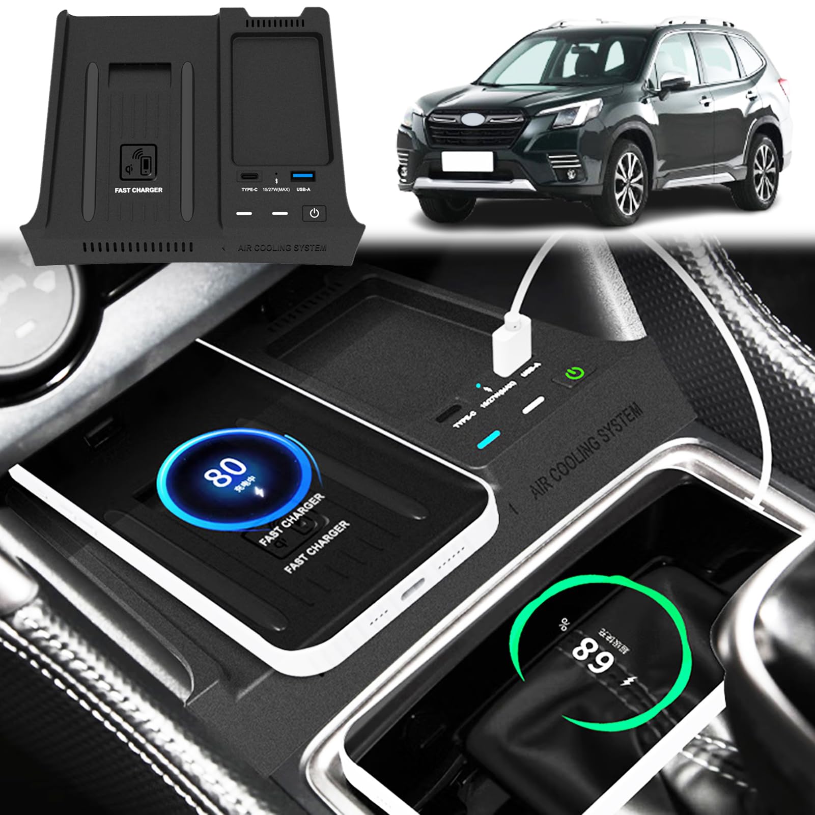 Ładowarka Samochodowa Bezprzewodowa do Subaru Forester 2019-2024 Wszystkie Modele, Płytka Szybkiego ładowania 15W Konsolą środkową Pudełko na Akcesoria do i-Phone Sam-sung