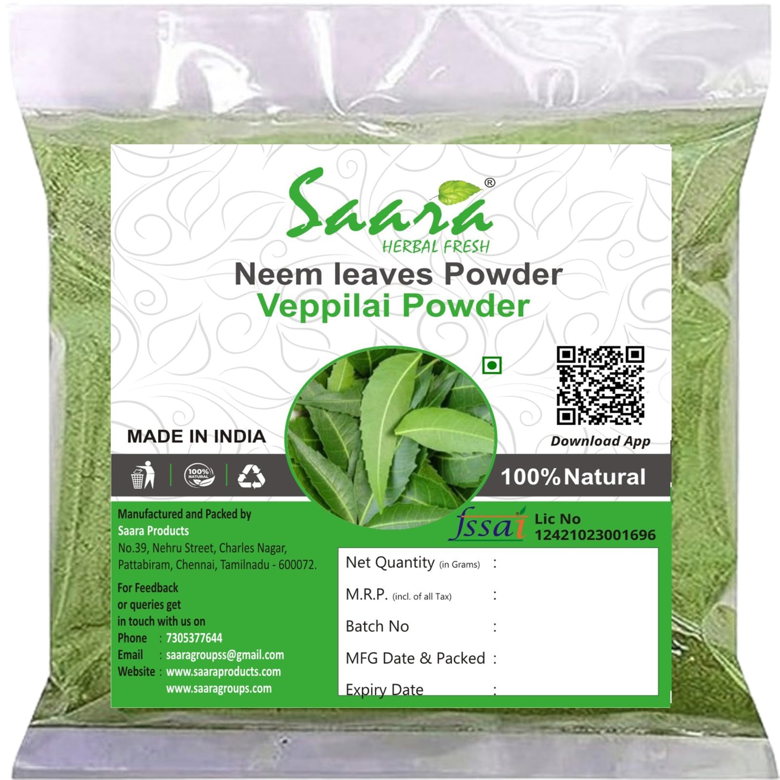 Saara HERBAL FRESH Neem Leaves Powder,100 g | Nim ka powder, Neem ke Patte | Nemm Leaf Face Pack for Pimples Skin and Hair Care,Veppilai Powder (Pack 100 g X 1)