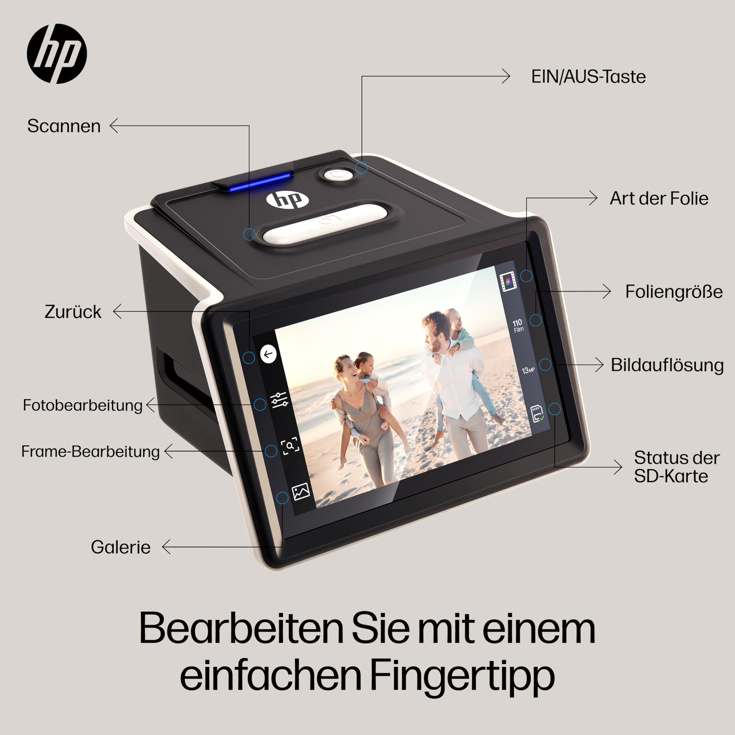 HP FilmScan Touchscreen-Film- und Diascanner mit 5-Zoll-LCD-Bildschirm, wandelt Negative und Dias schnell in Digitale 22-MP-JPEG-Fotos um, kompatibel mit 135er-, 126er- und 110er-Filmen und -Dias