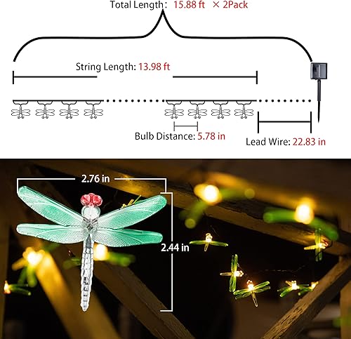 Miniatura 8 de Barzee Paquete de 2 tiras de luces solares de libélula para exteriores, total de 60 luces LED de 32 pies, 8 modos, guirnalda de luces de libélula,
