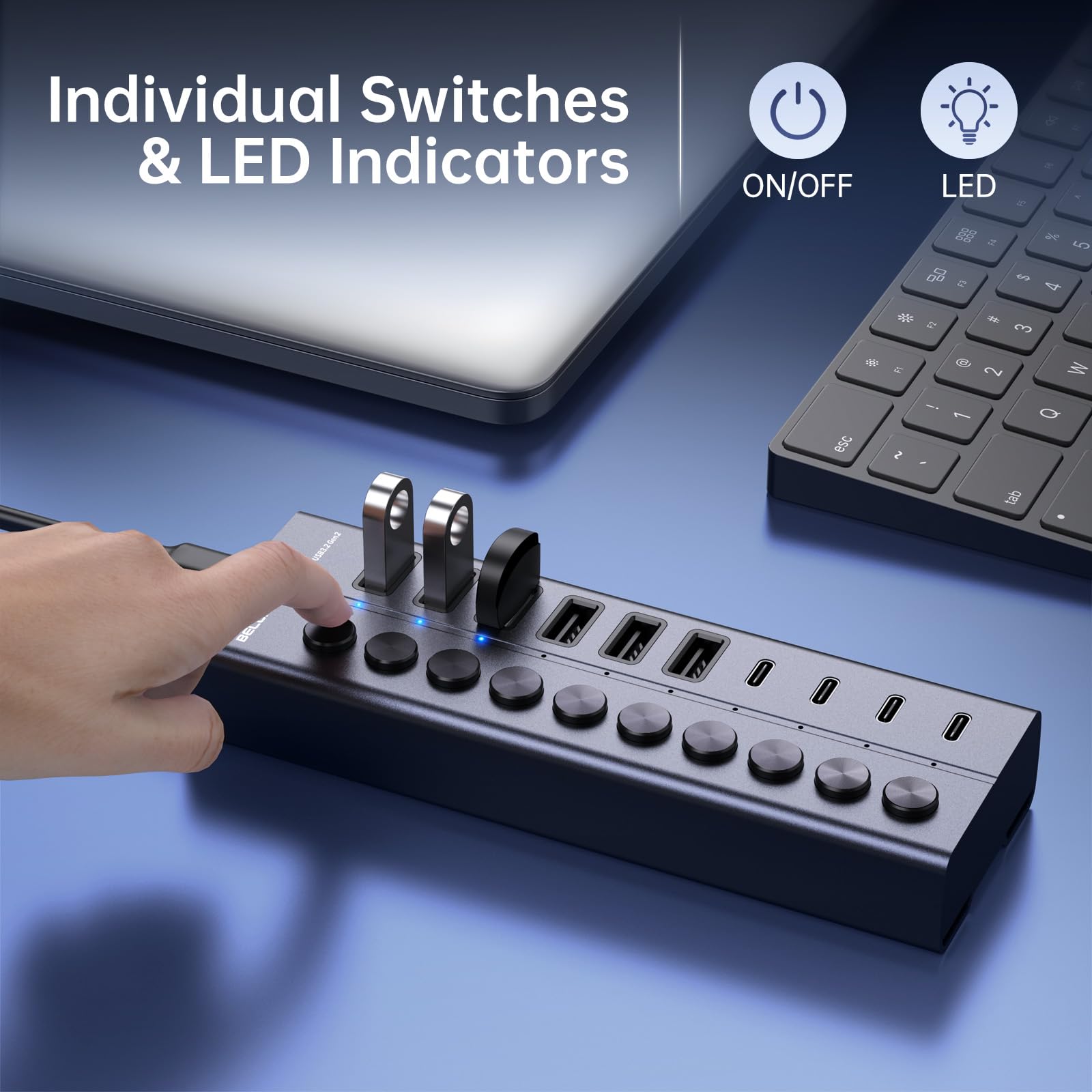 USB Hub mit Netzteil, 10-Port USB 3.2 Gen 2 10Gbit/s Aktiv Hub, Vollaluminium mit 60W (12V 5A) Powered, 6 USB-A & 4 USB-C Ports, Unterstützt BC1.2 Schnellladung