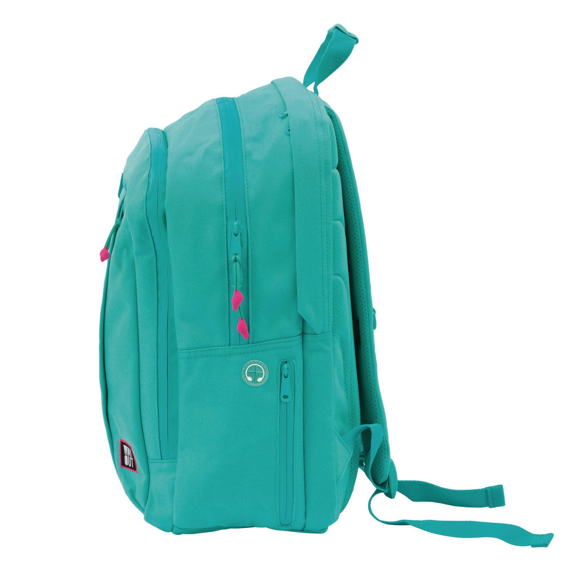 WAY OUT - Zaino scuola c/tasca PC - 3 Scomparti con cerniera, tasca porta-cellulare e foro auricolari, porta-borraccia, Schienale e Spallacci Imbottiti, adatto alla scuola, Verde Acqua, 35 x45 x55 cm