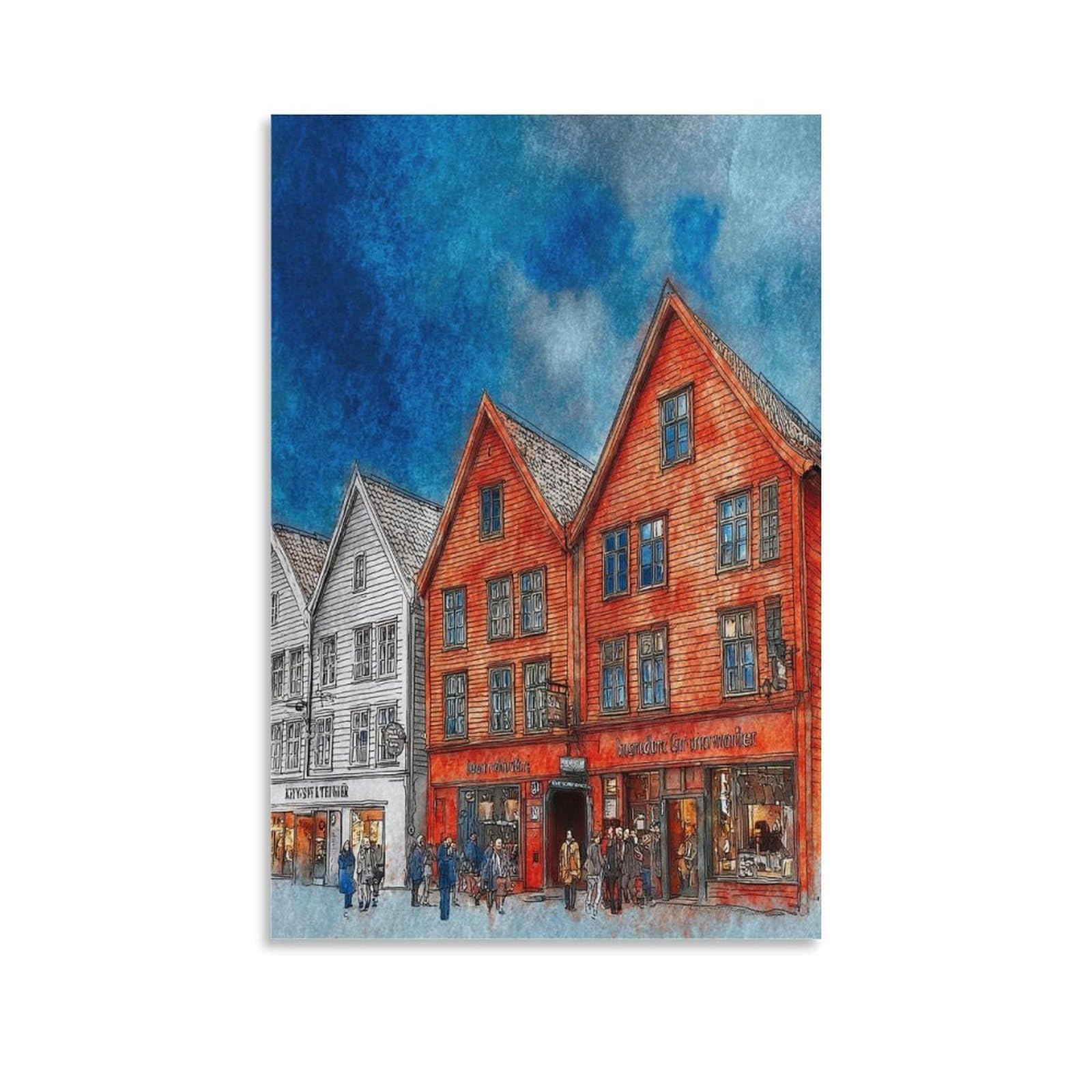Cnaheiz Unframe-Style Bergen Norway 16X24inch(40X60cm) Vintage Travel Poster Watercolor Canvas Art